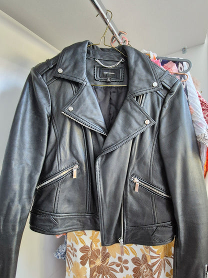 Karen millen 100% leather biker jacket black UK 8