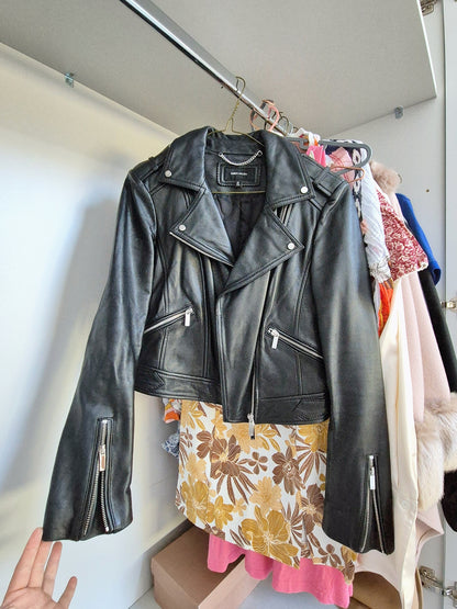 Karen millen 100% leather biker jacket black UK 8