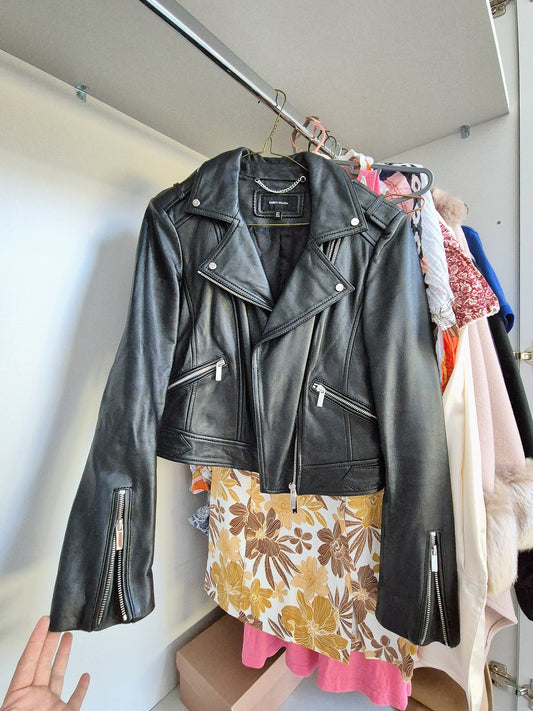 Karen millen 100% leather biker jacket black UK 8