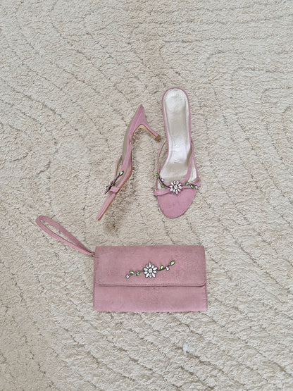 Pink vintage summer kitten heels and bag set UK 5.5