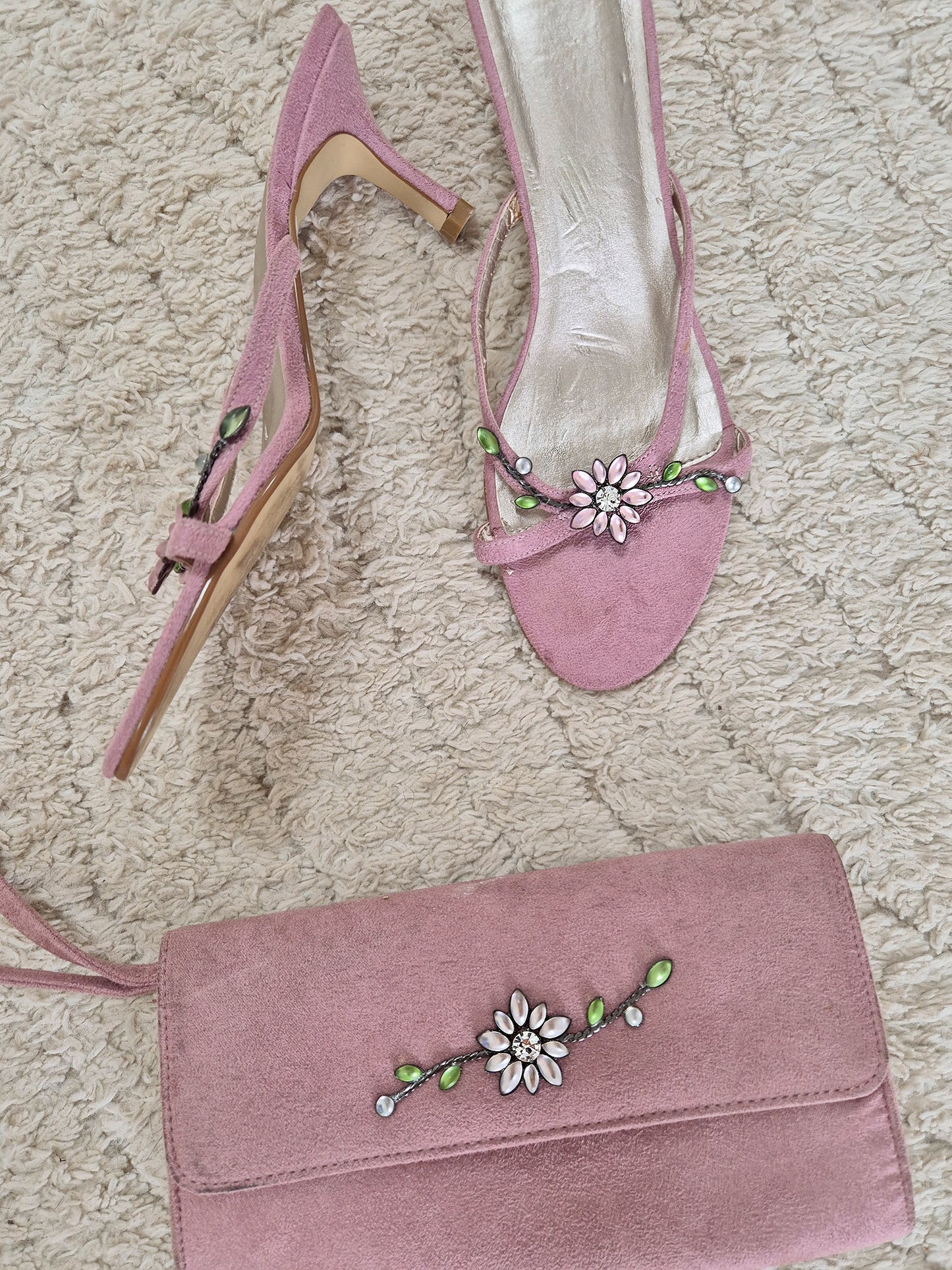 Pink vintage summer kitten heels and bag set UK 5.5